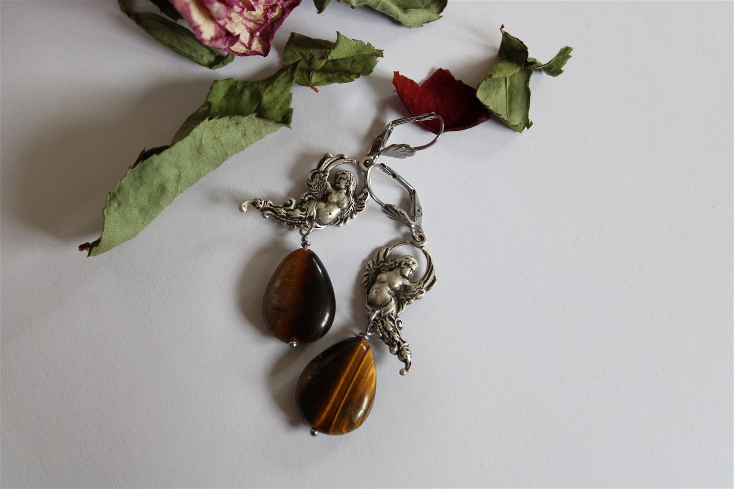 Boucles d'oreilles en oeil de tigre - Aurore Lune 