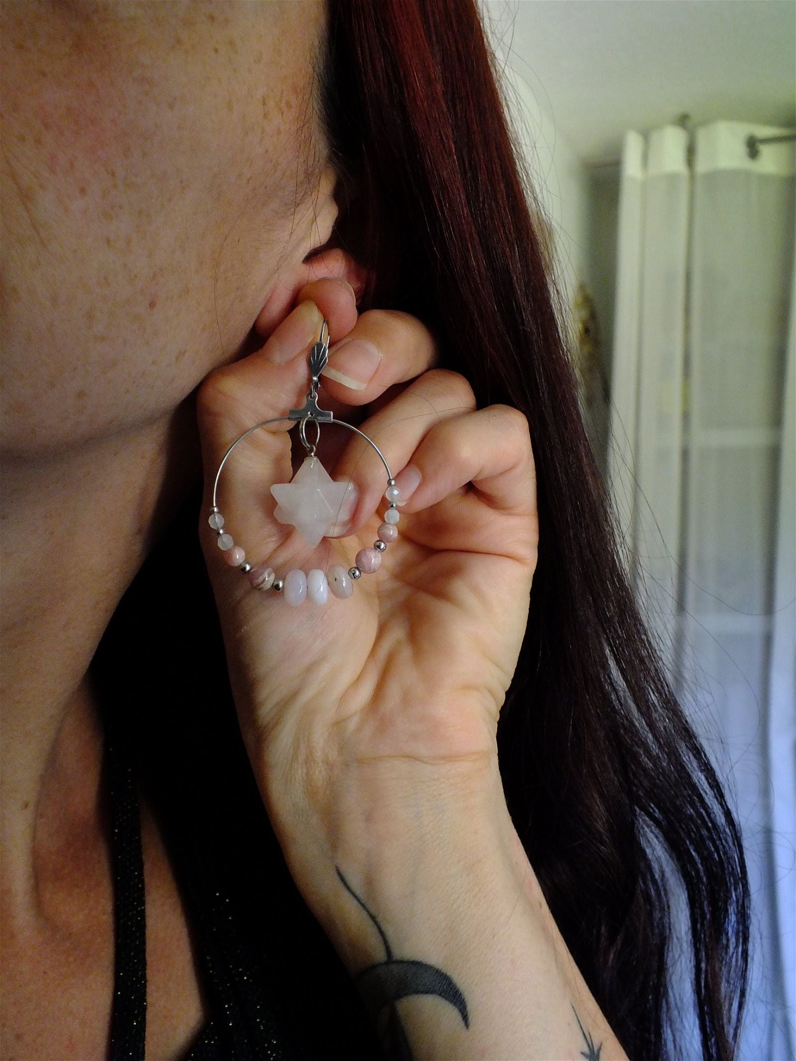 Boucles d'oreilles en quartz rose opale rose rhodochrosite - Aurore Lune 