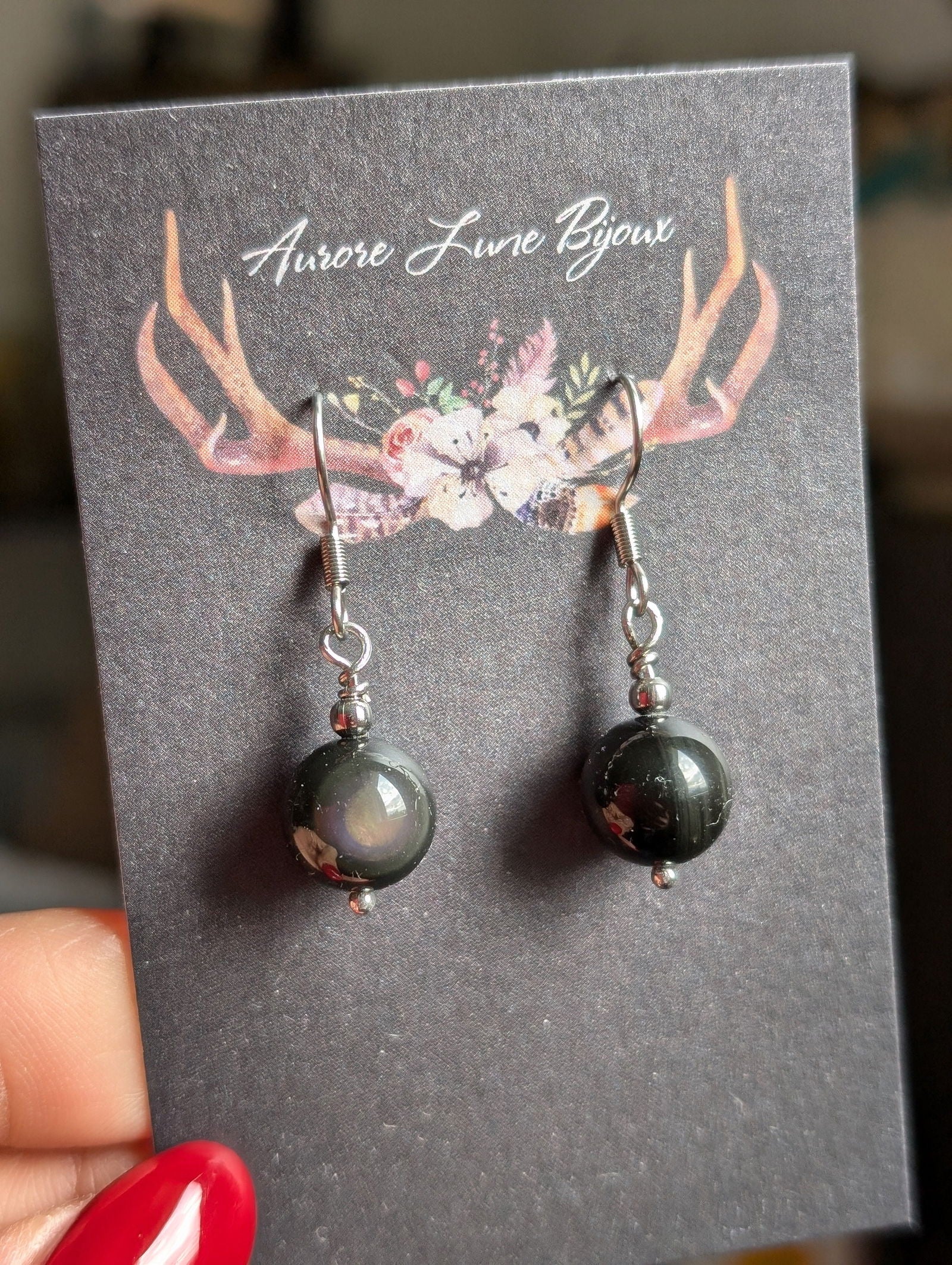 Boucles d'oreilles obsidiennes œil céleste - Aurore Lune 