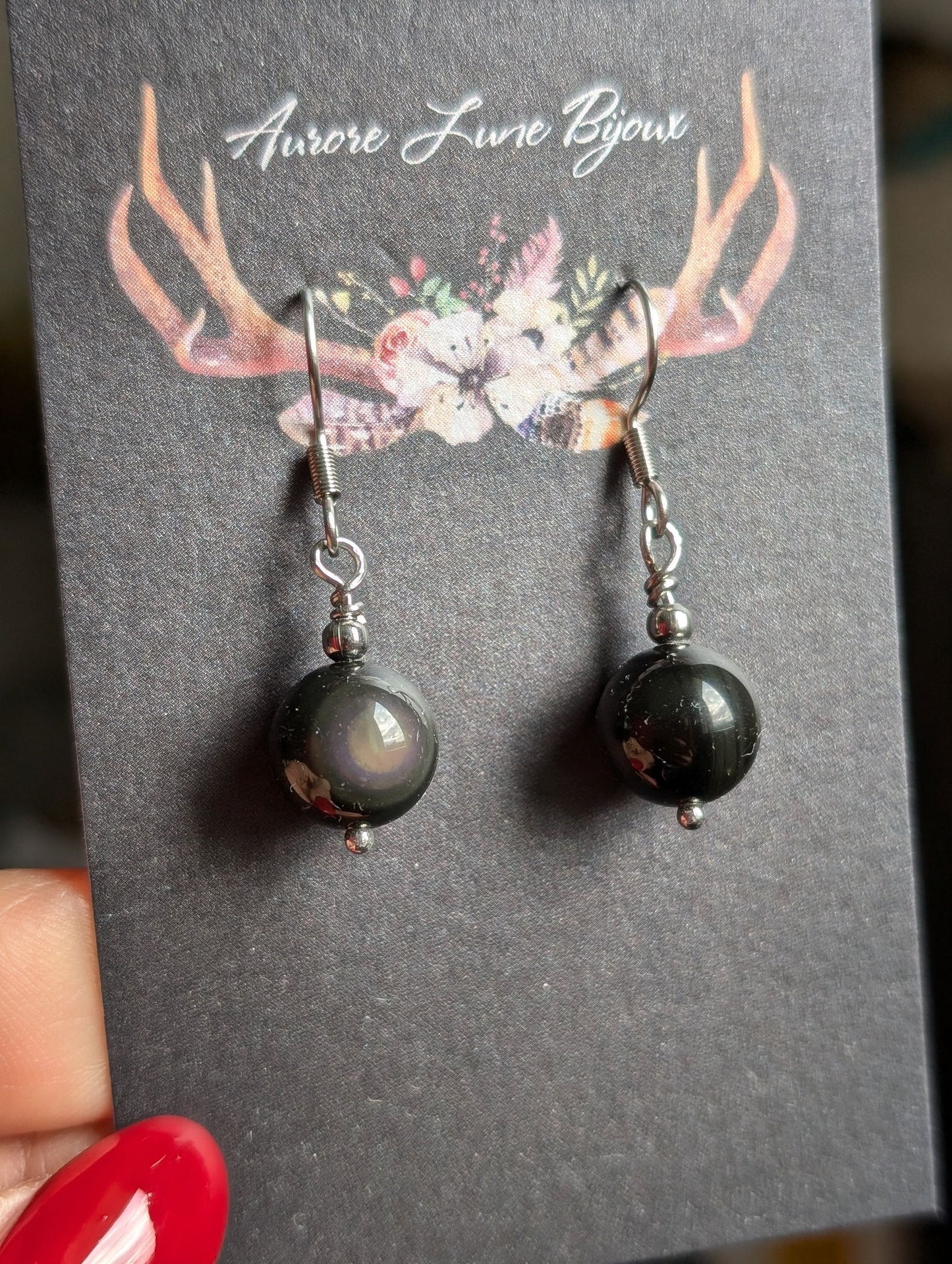 Boucles d'oreilles obsidiennes œil céleste - Aurore Lune 