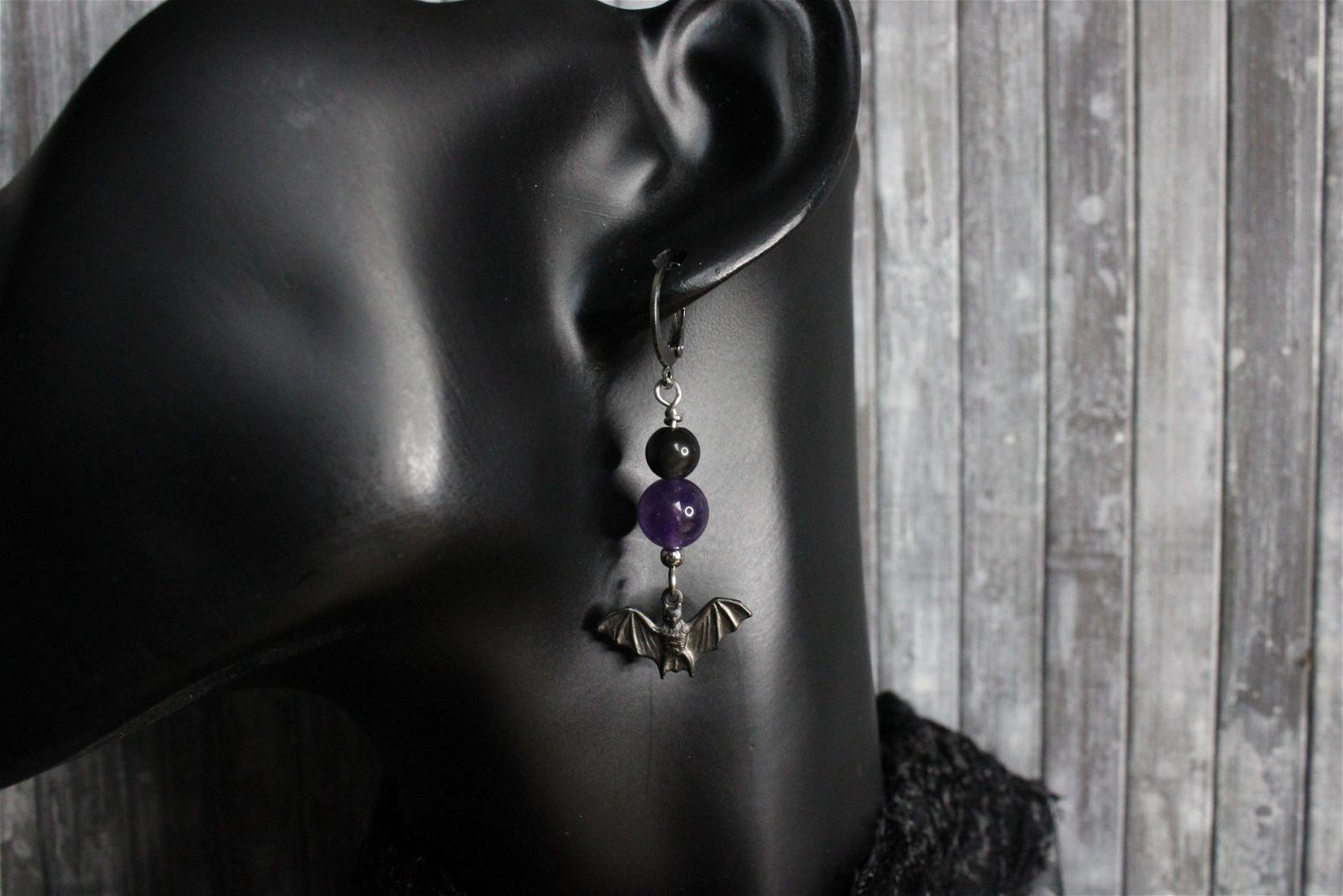 Boucles d'oreilles obsidiennes œil céleste améthystes chauve souris - Aurore Lune 