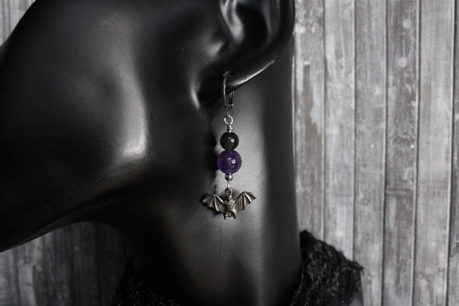 Boucles d'oreilles obsidiennes œil céleste améthystes chauve souris - Aurore Lune 