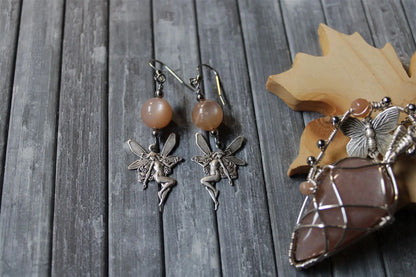 Boucles d'oreilles pierres de lune abricot Fées - Aurore Lune 