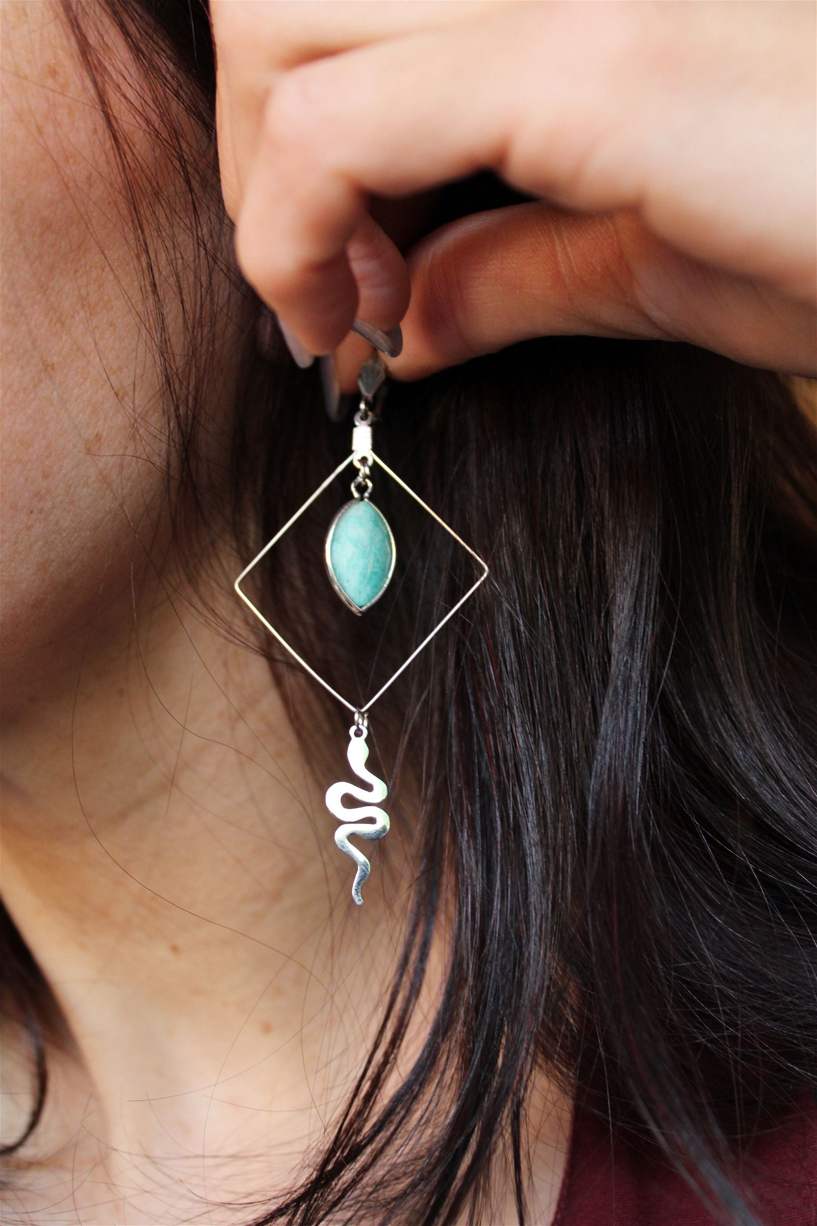 Boucles d'oreilles serpents mystiques et amazonites - Aurore Lune 