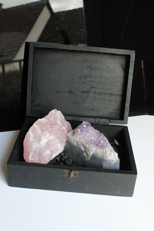Box boîte à offrir quartz rose et améthyste brutes - Aurore Lune 