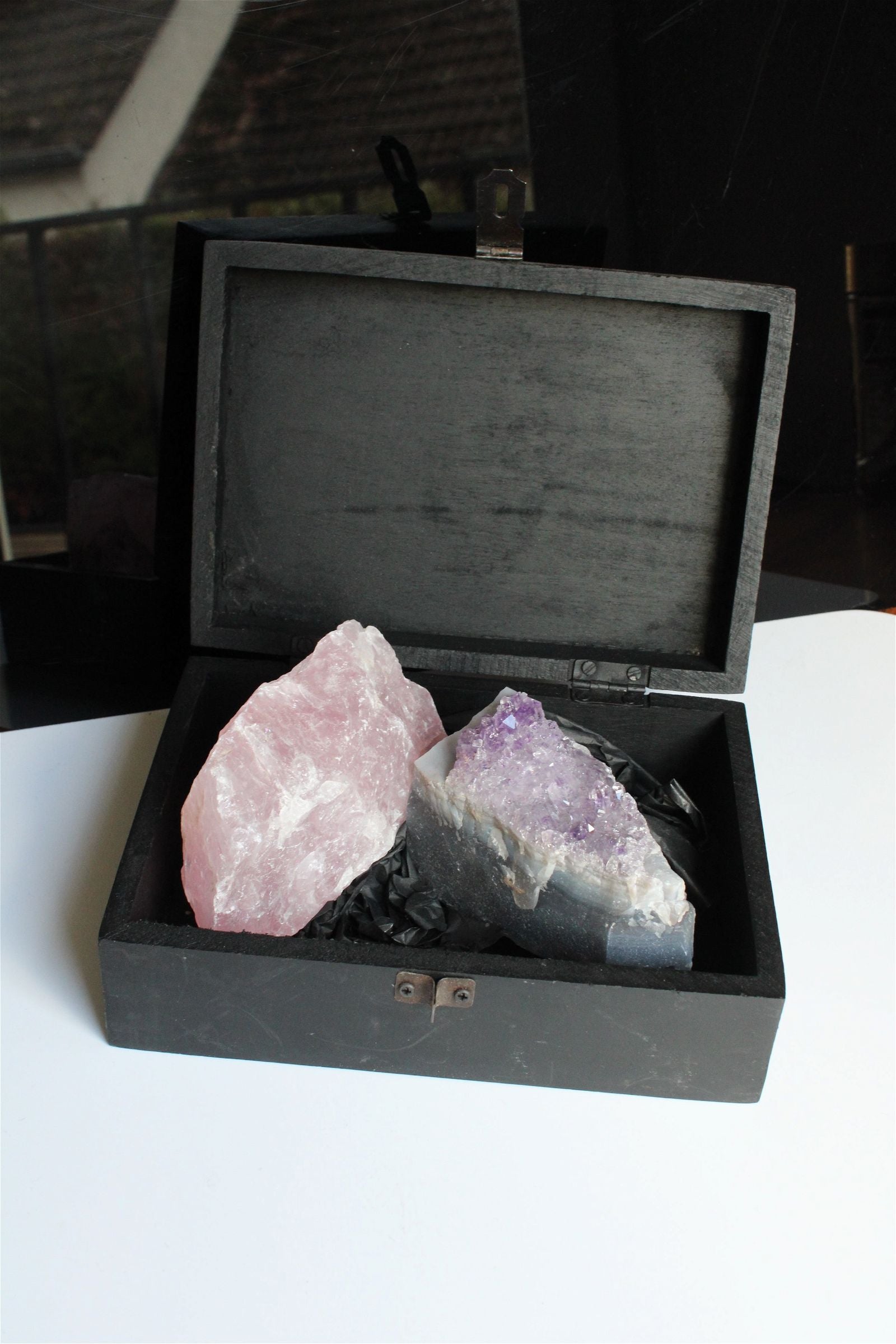 Box boîte à offrir quartz rose et améthyste brutes - Aurore Lune 