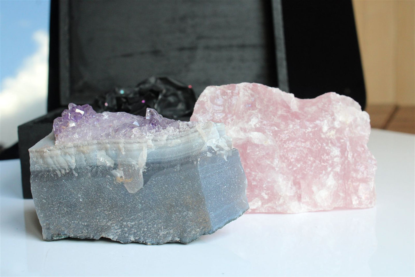 Box boîte à offrir quartz rose et améthyste brutes - Aurore Lune 