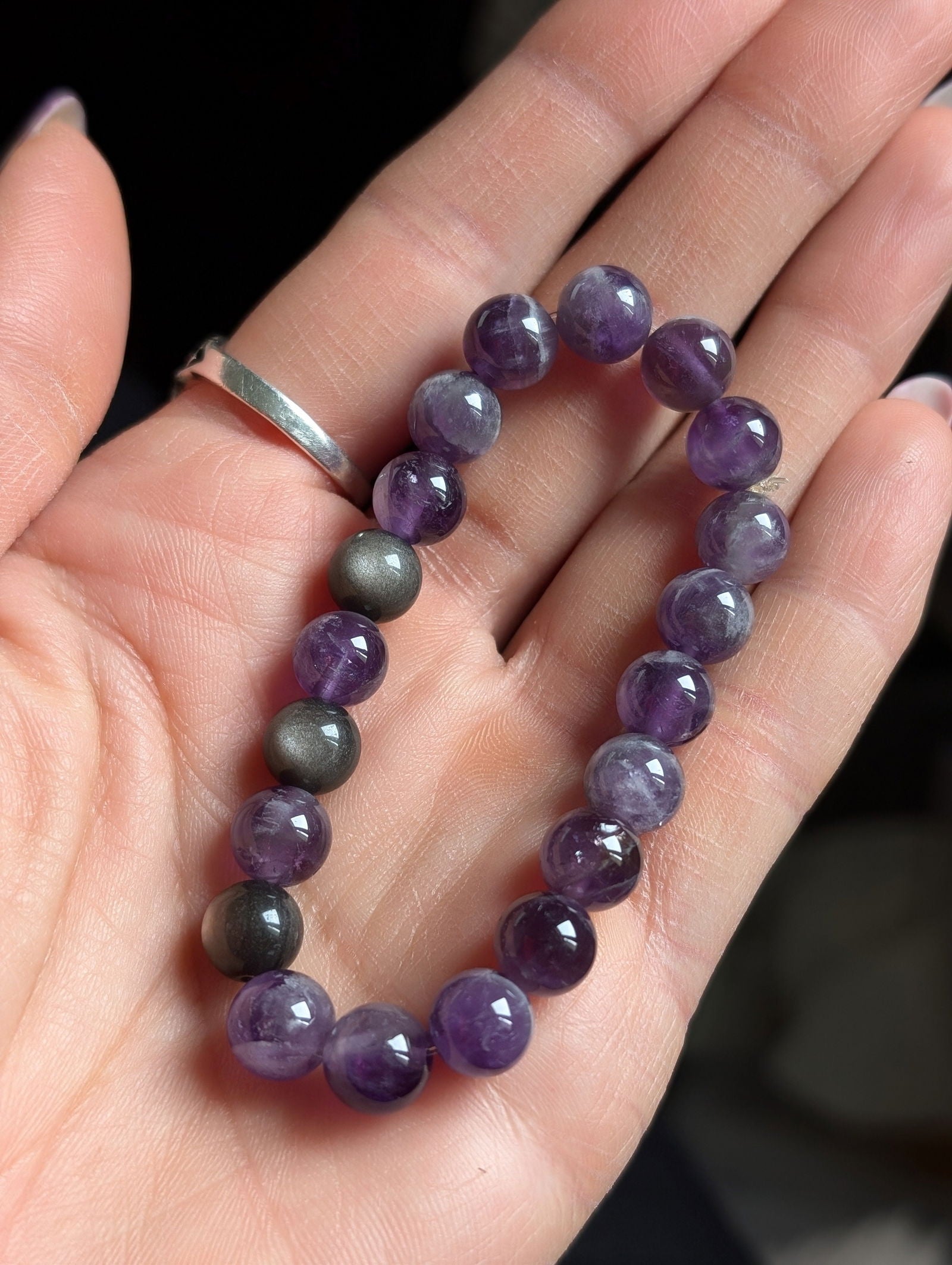 Bracelet améthyste et obsidienne argentée 14 cm - Aurore Lune 