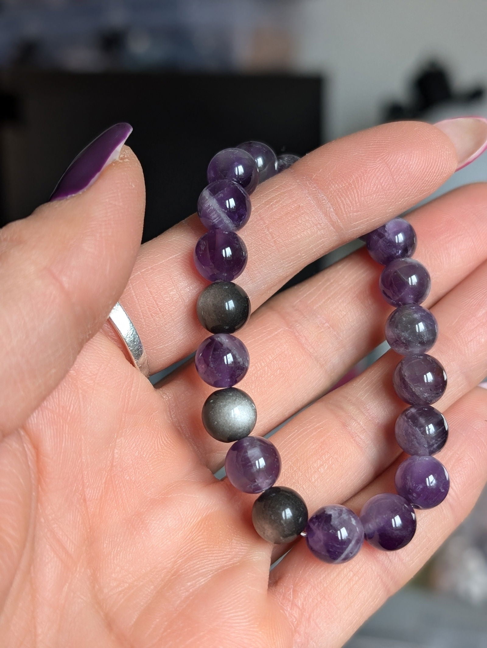 Bracelet améthyste et obsidienne argentée 14 cm - Aurore Lune 