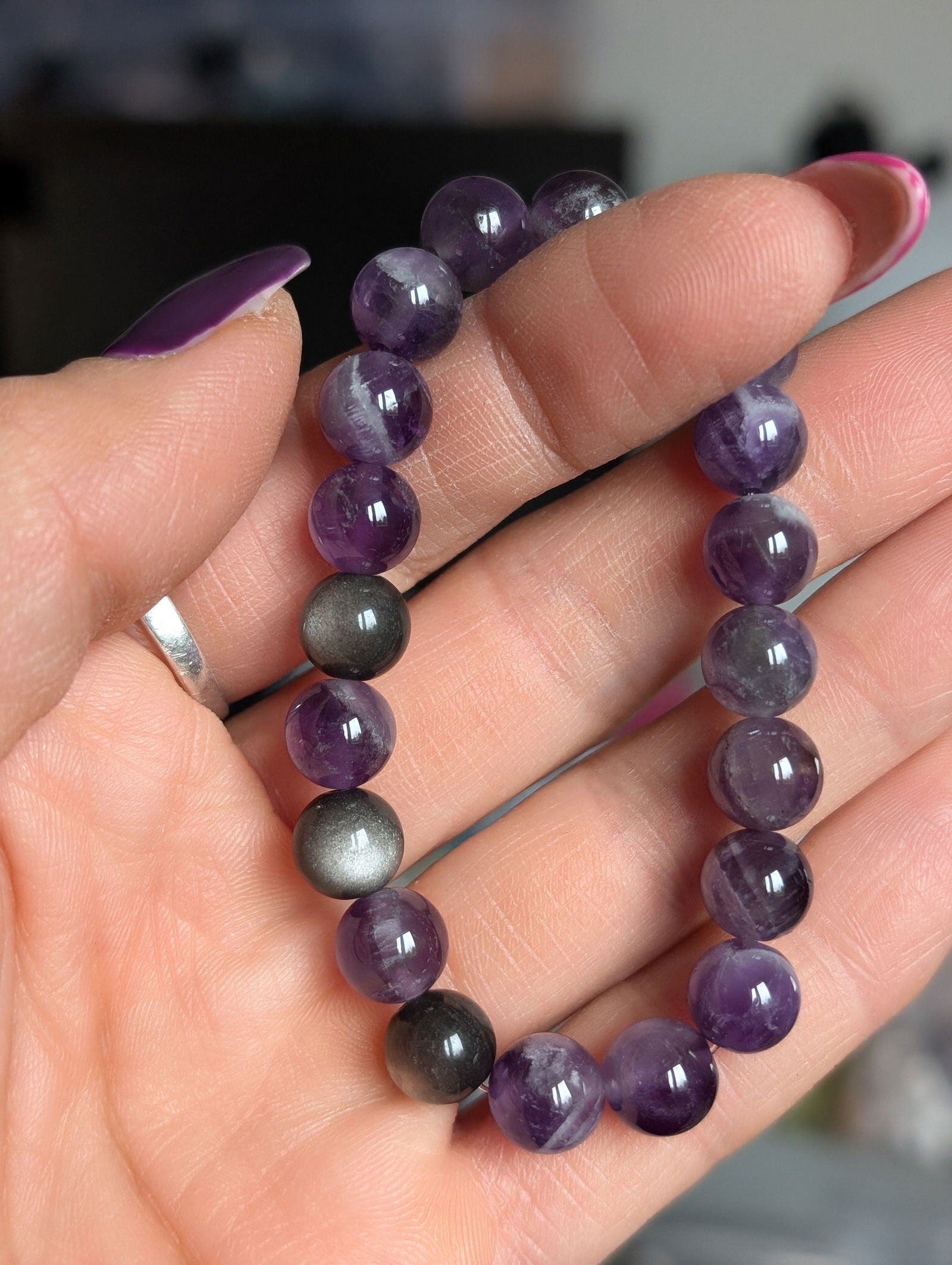 Bracelet améthyste et obsidienne argentée 14 cm - Aurore Lune 