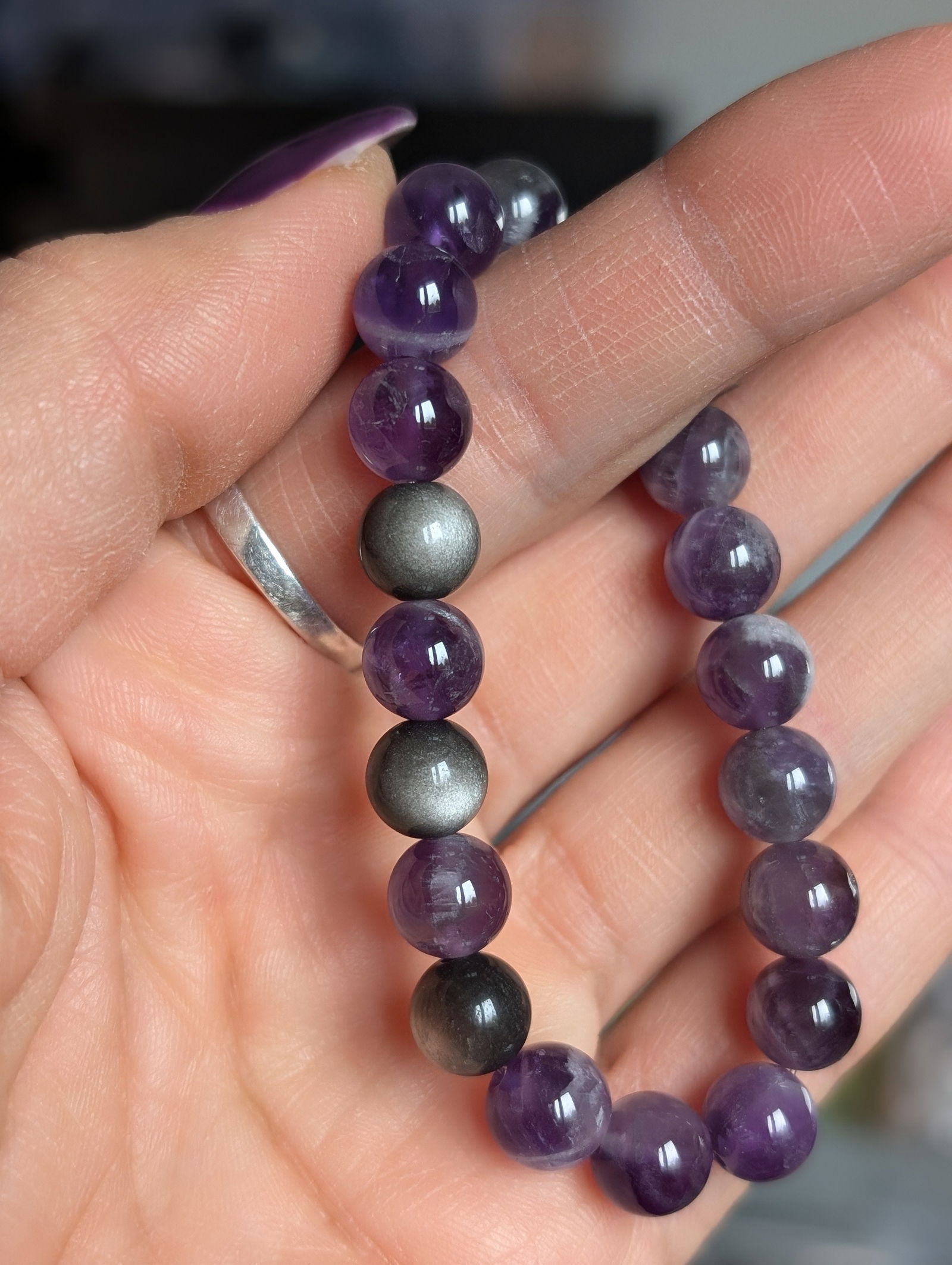 Bracelet améthyste et obsidienne argentée 14 cm - Aurore Lune 