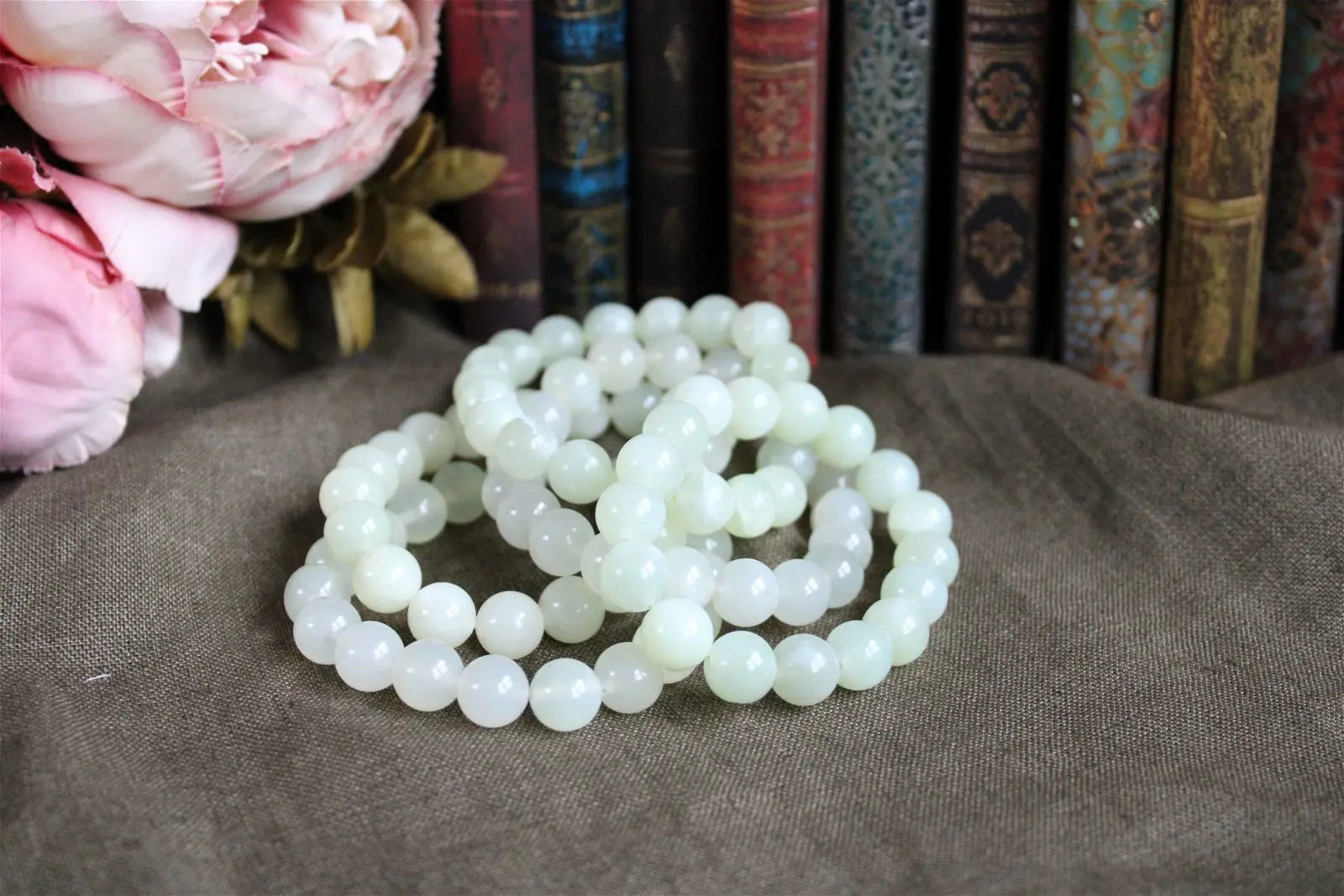 Bracelet de serpentine ou new jade perles 10mm 16 cm - Aurore Lune 