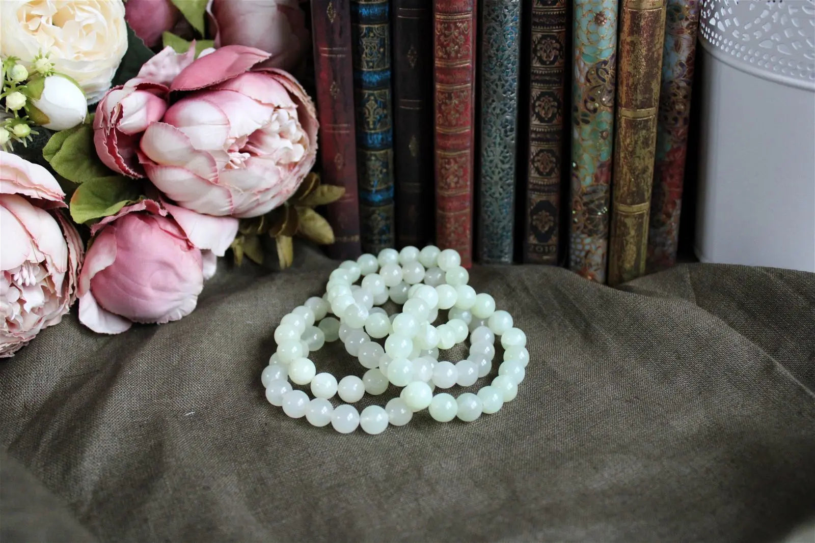 Bracelet de serpentine ou new jade perles 10mm 16 cm - Aurore Lune 