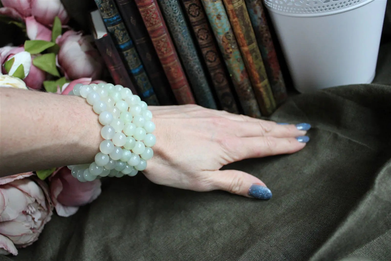 Bracelet de serpentine ou new jade perles 10mm 16 cm - Aurore Lune 