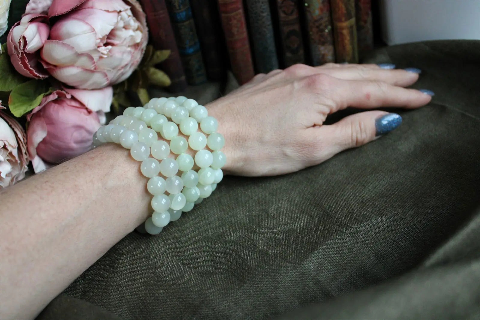 Bracelet de serpentine ou new jade perles 10mm 16 cm - Aurore Lune 