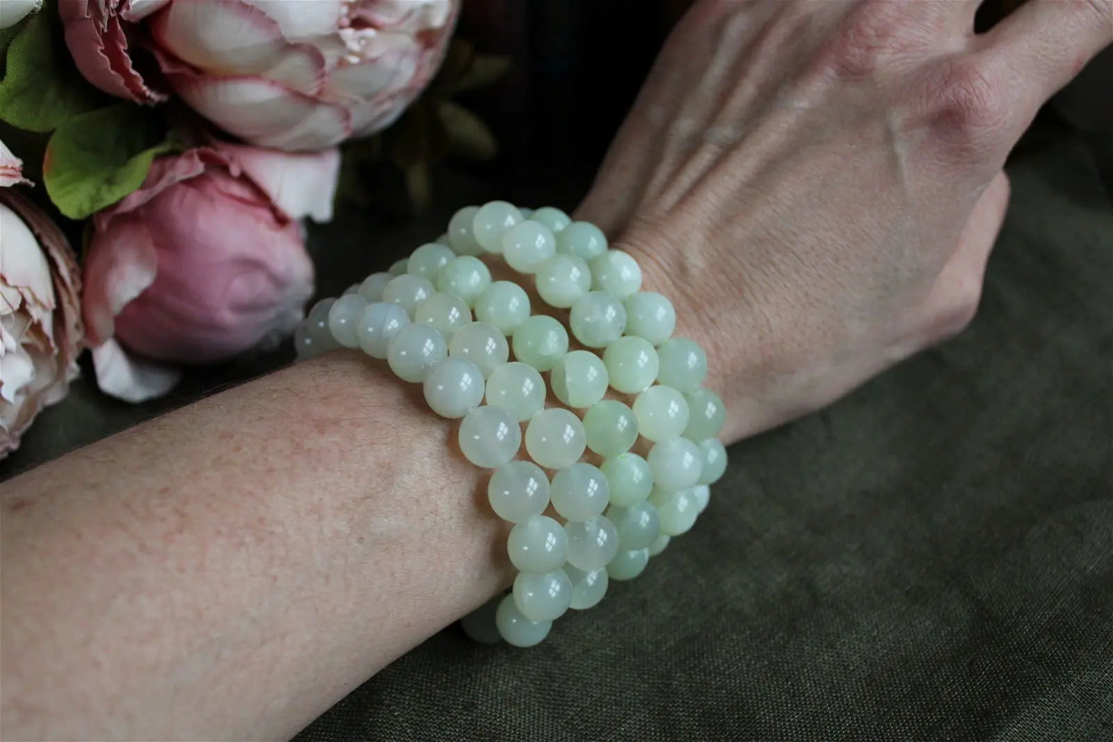 Bracelet de serpentine ou new jade perles 10mm 16 cm - Aurore Lune 
