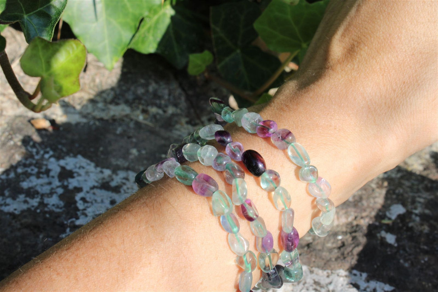 Bracelet élastiqué  en fluorite poignet fin ou moyen - Aurore Lune 