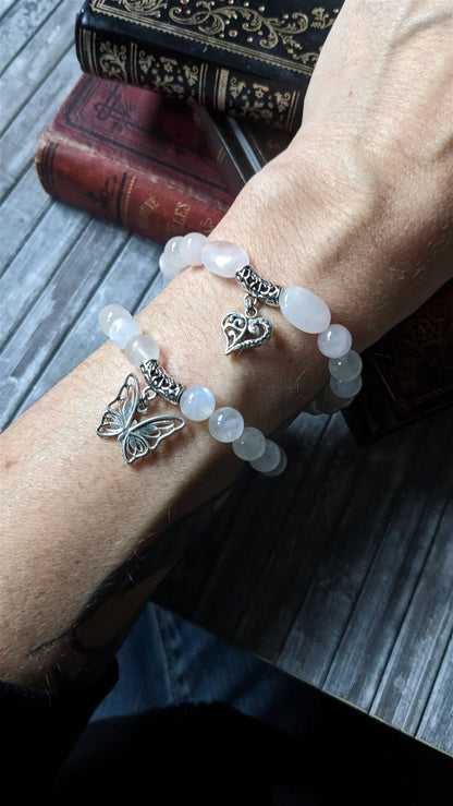 Bracelet élastique quartz rose labradorite blanche poignet epais 19 cm - Aurore Lune 