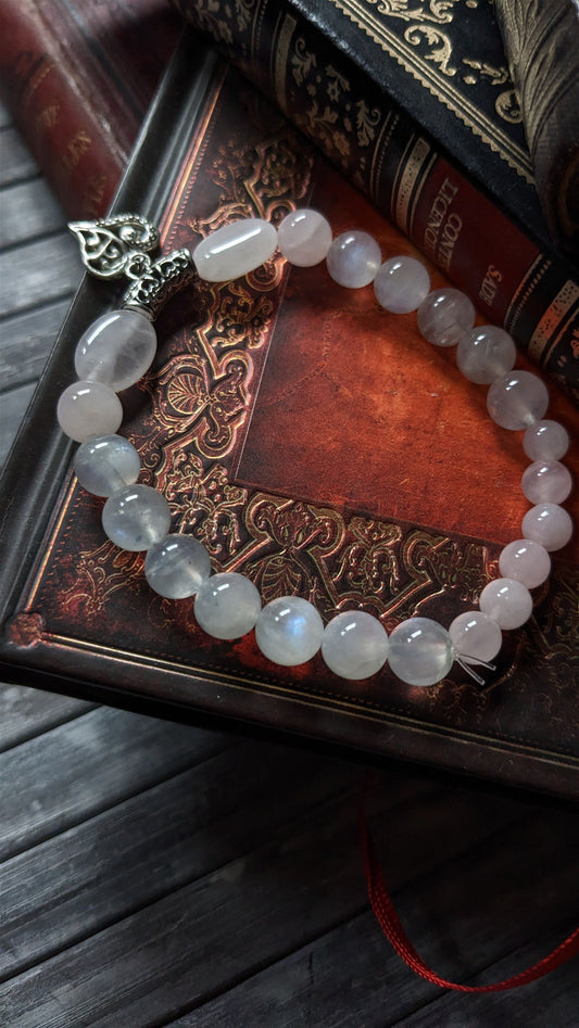 Bracelet élastique quartz rose labradorite blanche poignet epais 19 cm - Aurore Lune 