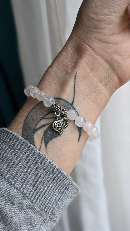 Bracelet élastique quartz rose labradorite blanche poignet fin - Aurore Lune 