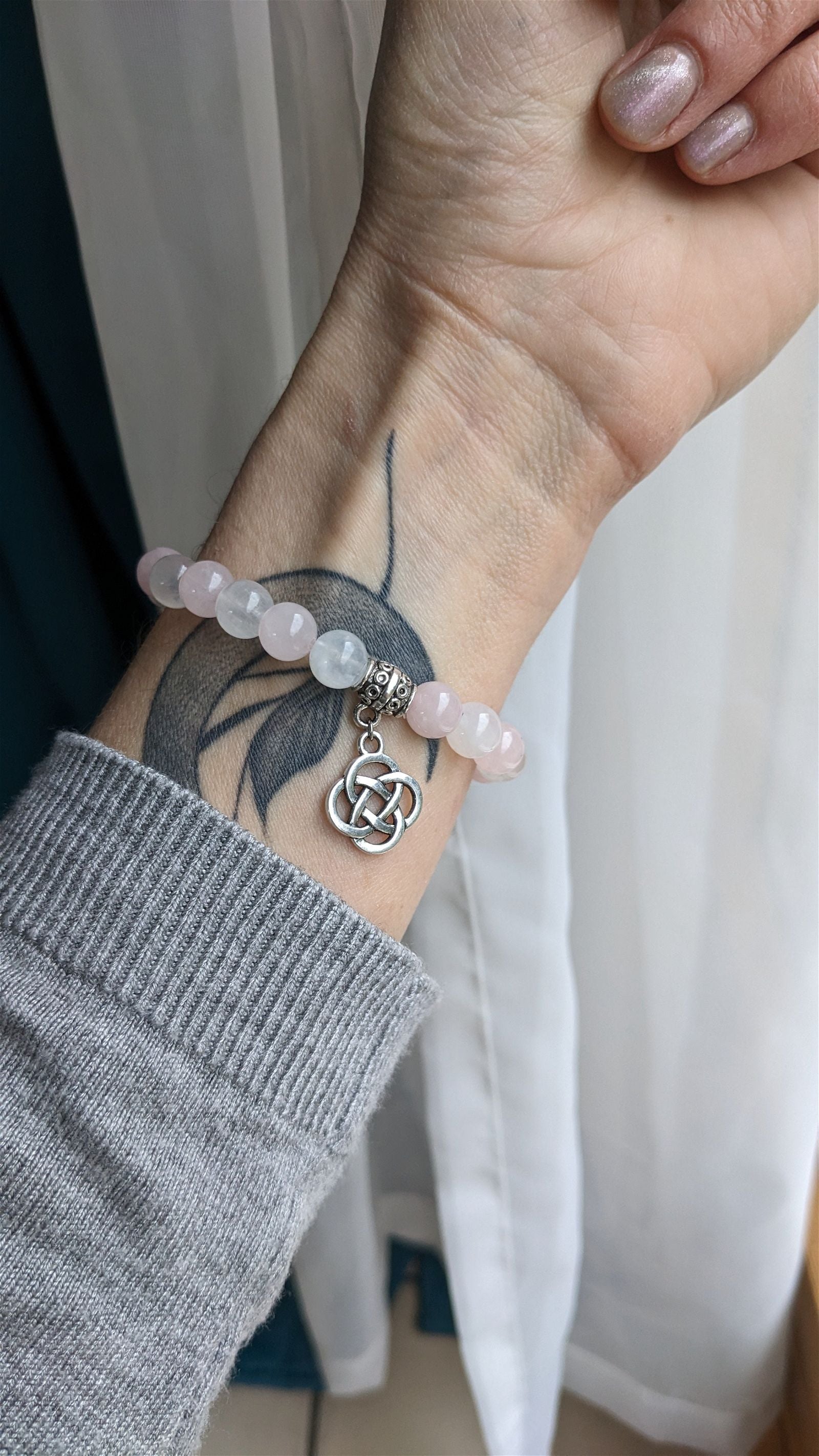 Bracelet élastique quartz rose labradorite blanche poignet fin - Aurore Lune 