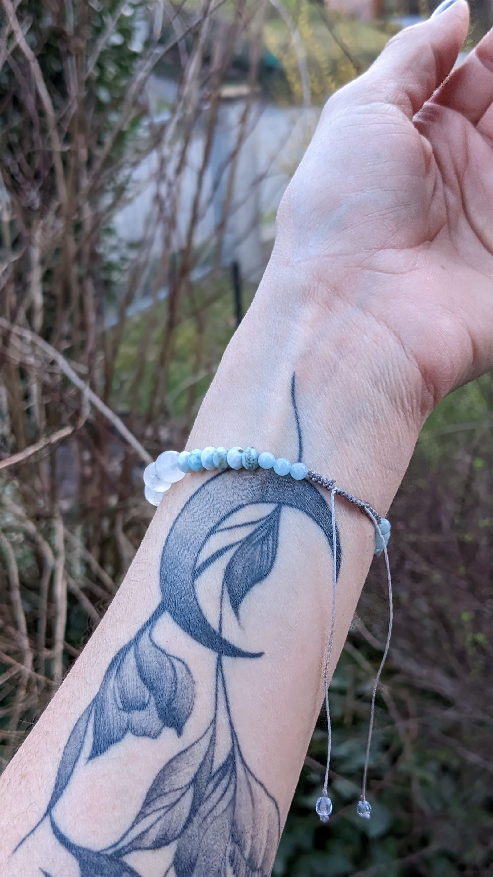 Bracelet fait maison macramé larimar agate aigue marine - Aurore Lune 