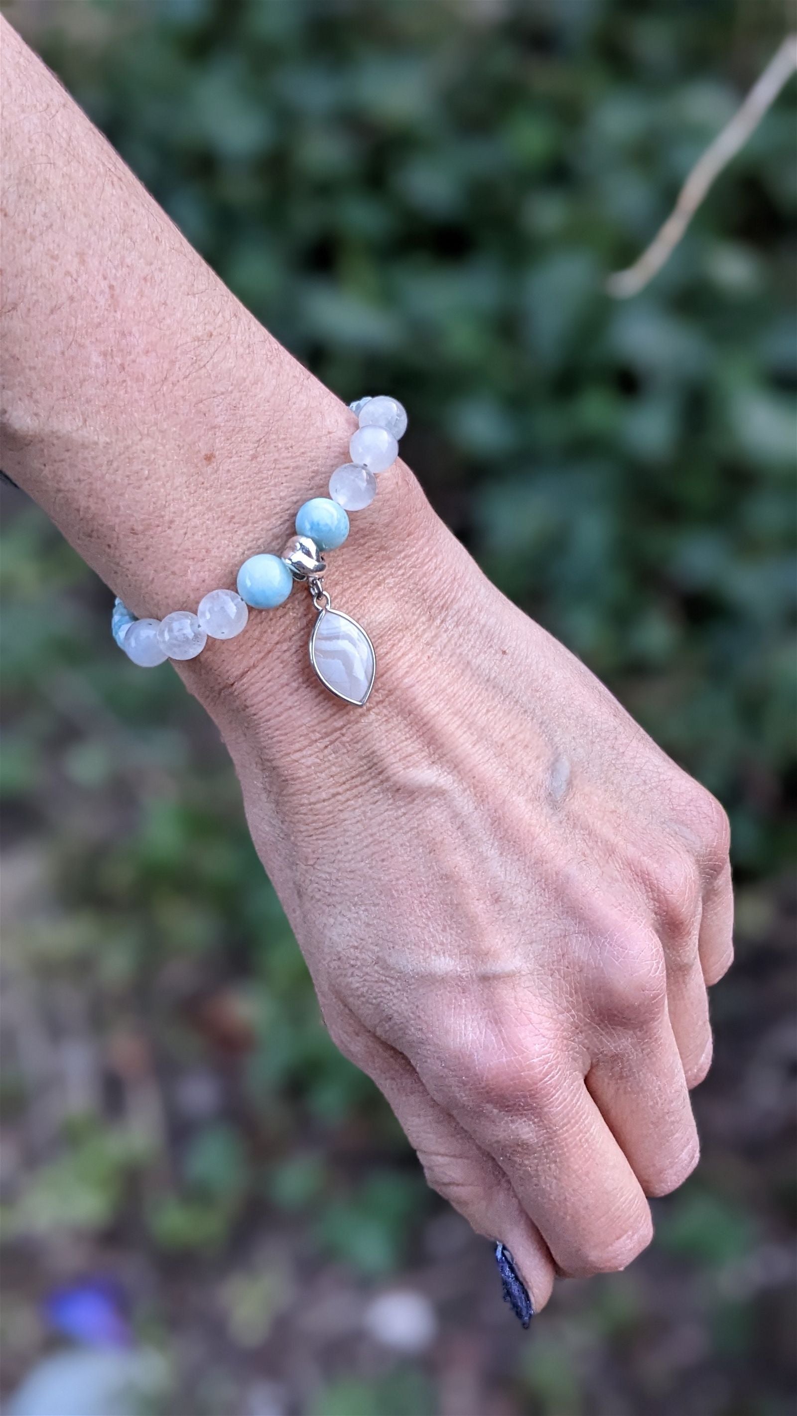 Bracelet fait maison macramé larimar agate aigue marine - Aurore Lune 