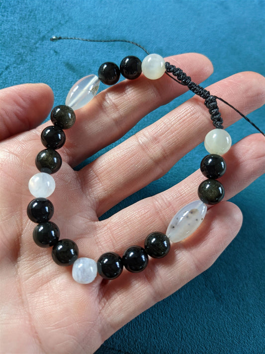 Bracelet grand poignet agate obsidiennes labradorite blanche - Aurore Lune 