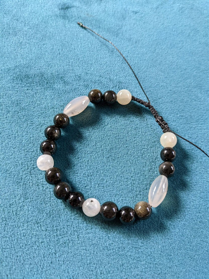 Bracelet grand poignet agate obsidiennes labradorite blanche - Aurore Lune 