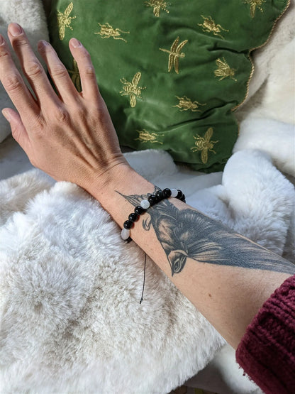 Bracelet grand poignet agate obsidiennes labradorite blanche - Aurore Lune 