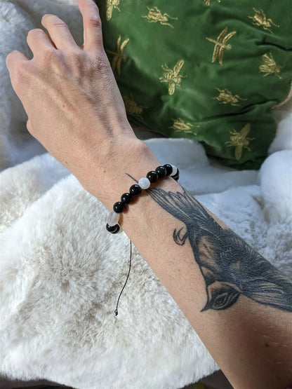 Bracelet grand poignet agate obsidiennes labradorite blanche - Aurore Lune 