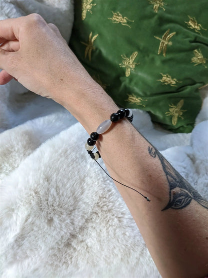 Bracelet grand poignet agate obsidiennes labradorite blanche - Aurore Lune 