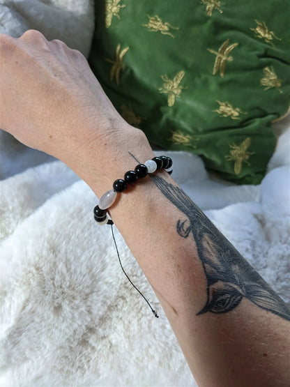 Bracelet grand poignet agate obsidiennes labradorite blanche - Aurore Lune 