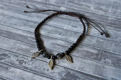 Bracelet gros poignet macramé labradorites et feuilles - Aurore Lune 