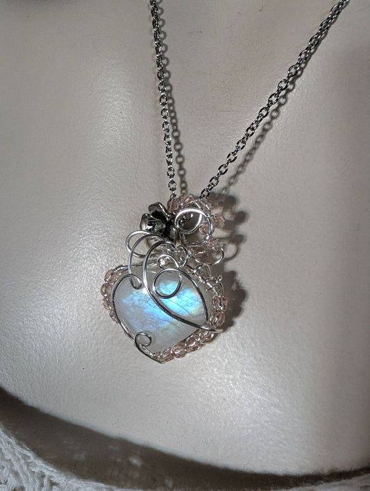 Collier avec labradorite blanche pierre de lune arc-en-ciel - Aurore Lune 