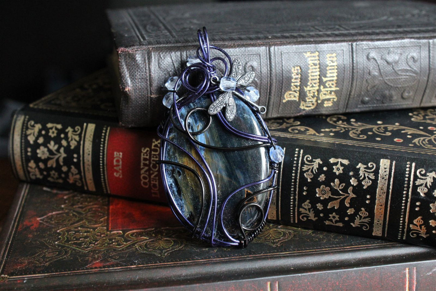 Collier avec pietersite et libellule - Aurore Lune 