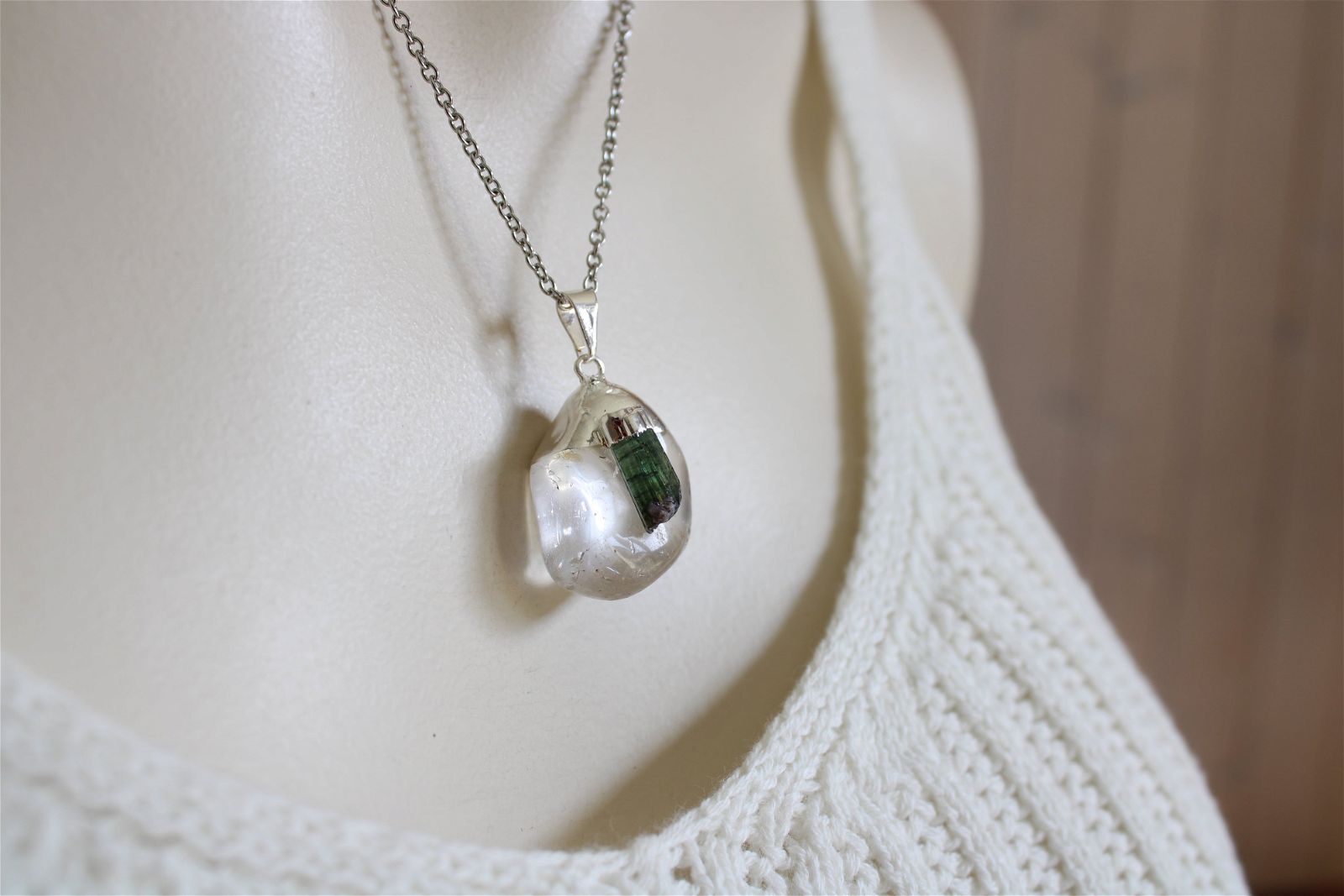 Collier cristal de roche et tourmaline verte avec chaîne - Aurore Lune 