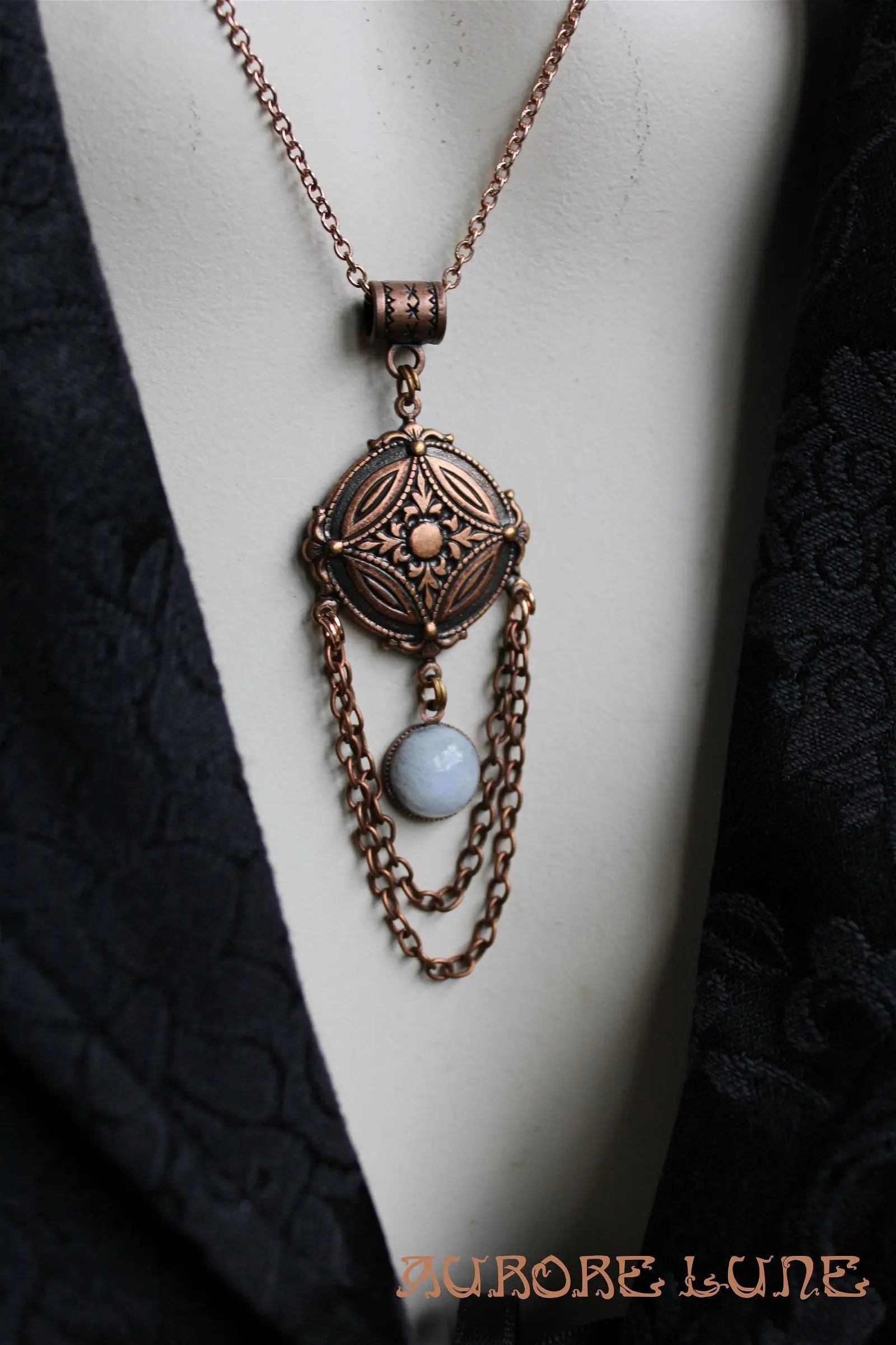 Collier esprit Steampunk labradorite blanche - Aurore Lune 