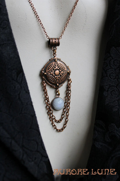 Collier esprit Steampunk labradorite blanche - Aurore Lune 