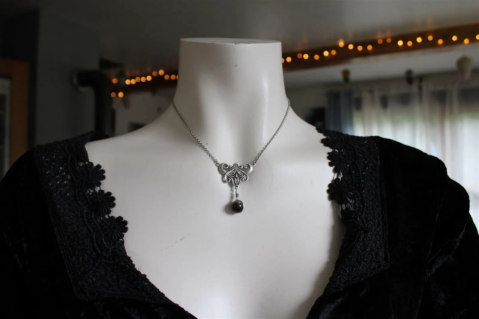 Collier * flambeau * Obsidienne argentée - baroque - boucles d'oreilles en option - Aurore Lune 