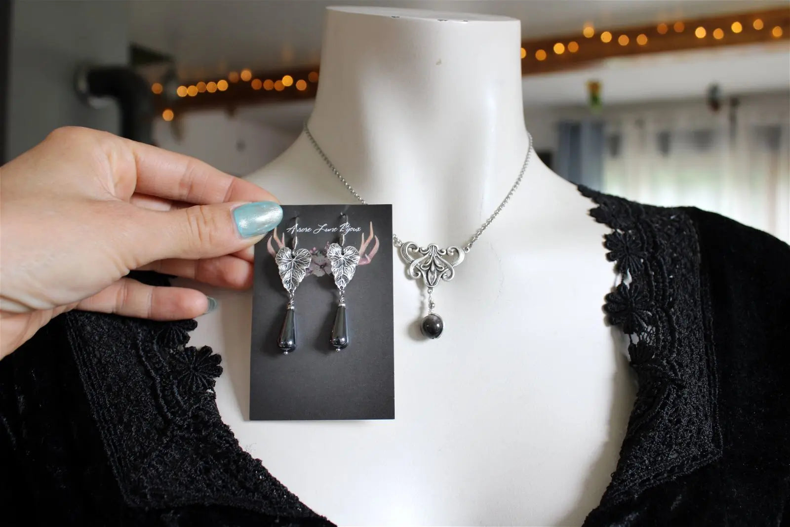 Collier * flambeau * Obsidienne argentée - baroque - boucles d'oreilles en option - Aurore Lune 