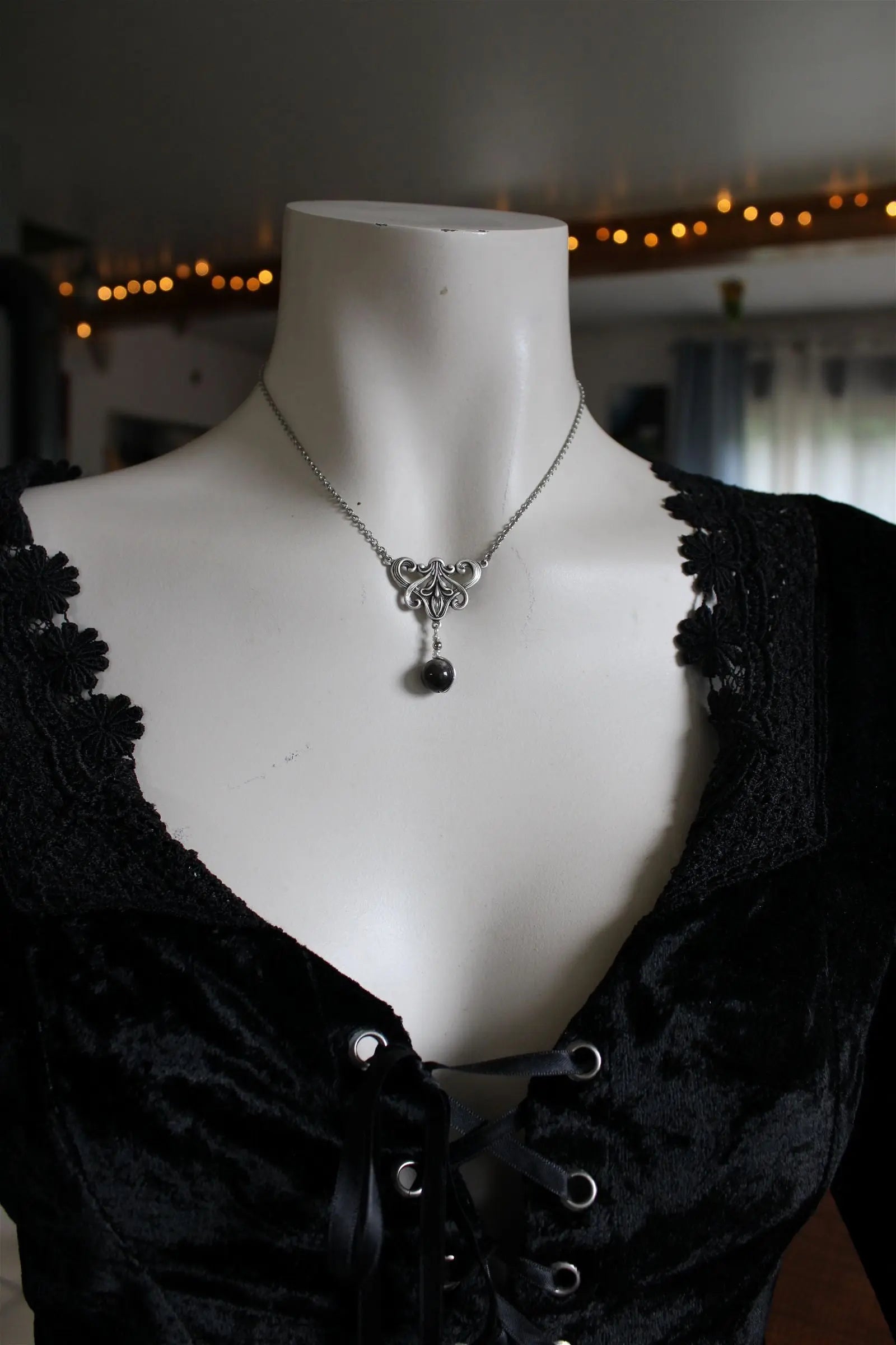 Collier * flambeau * Obsidienne argentée - baroque - boucles d'oreilles en option - Aurore Lune 