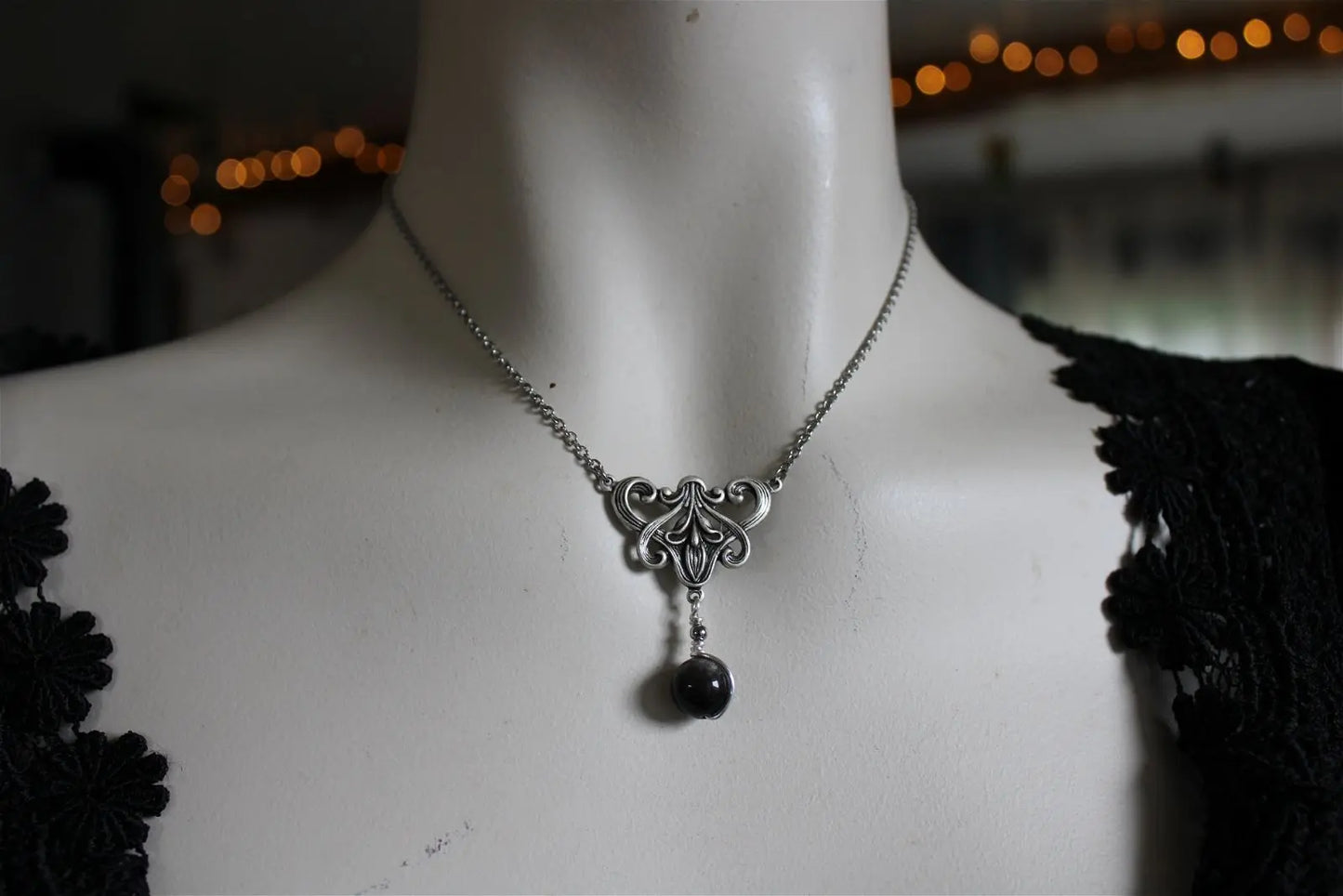Collier * flambeau * Obsidienne argentée - baroque - boucles d'oreilles en option - Aurore Lune 