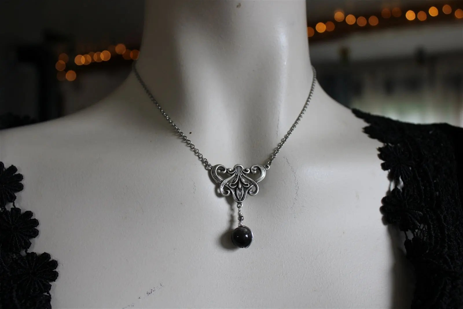 Collier * flambeau * Obsidienne argentée - baroque - boucles d'oreilles en option - Aurore Lune 