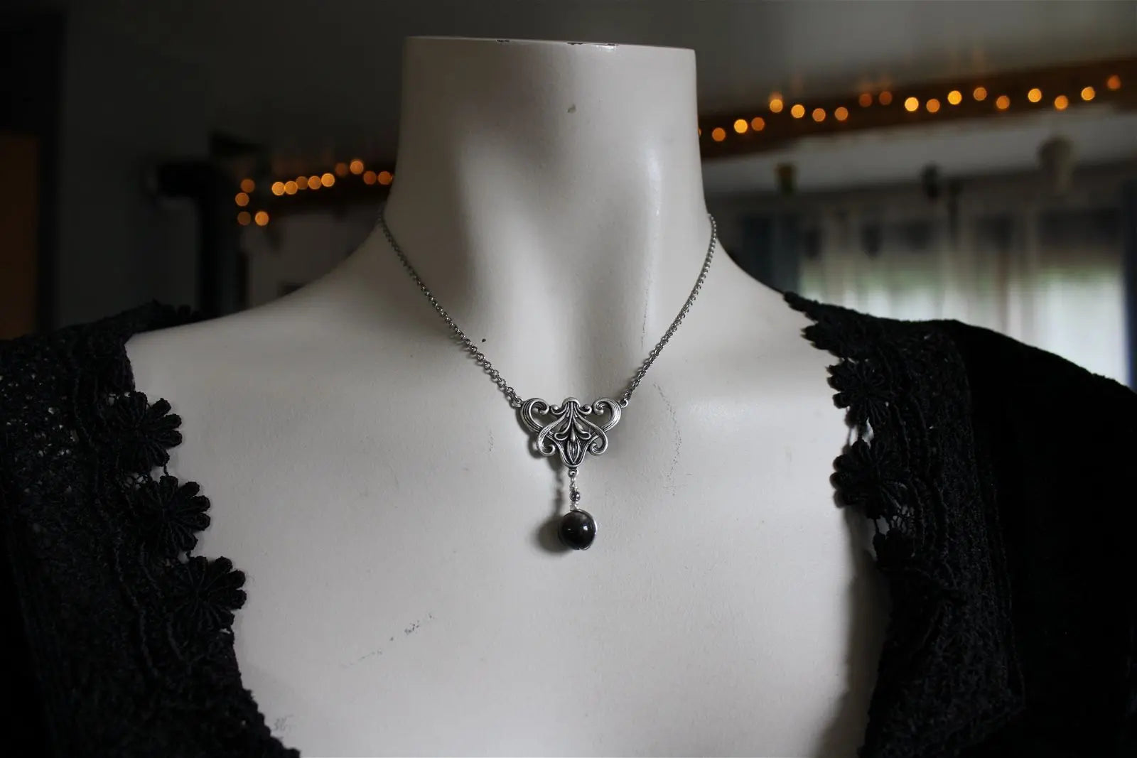 Collier * flambeau * Obsidienne argentée - baroque - boucles d'oreilles en option - Aurore Lune 