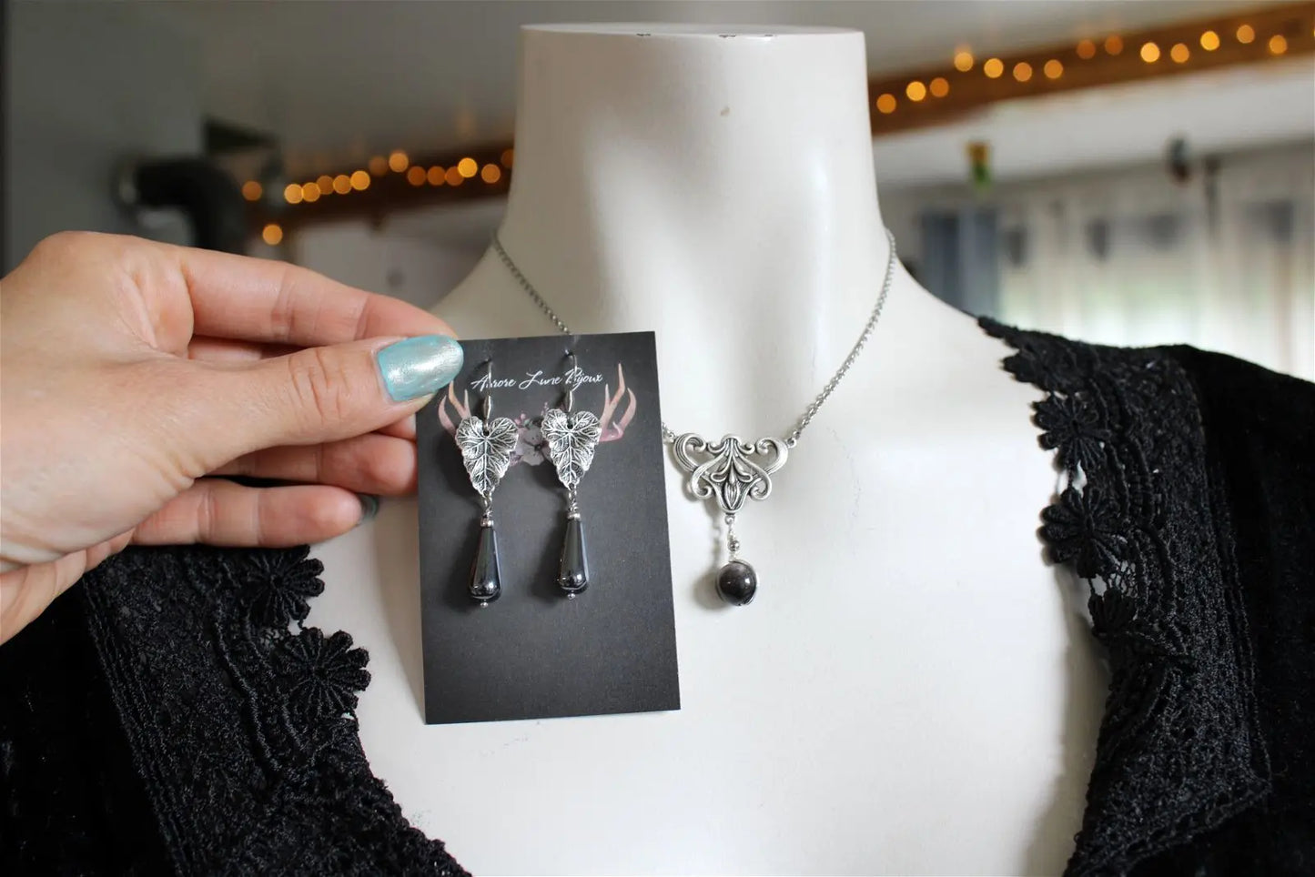 Collier * flambeau * Obsidienne argentée - baroque - boucles d'oreilles en option - Aurore Lune 
