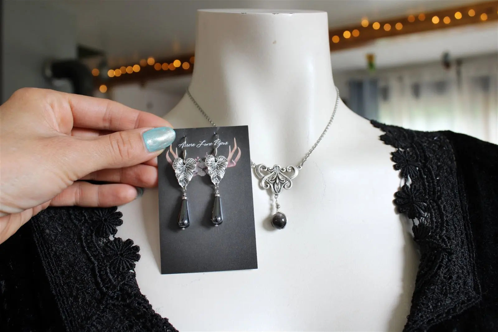 Collier * flambeau * Obsidienne argentée - baroque - boucles d'oreilles en option - Aurore Lune 