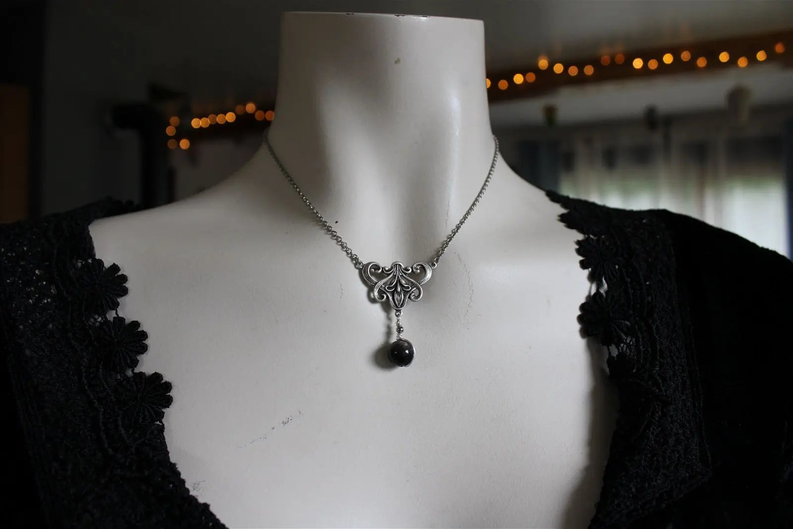 Collier * flambeau * Obsidienne argentée - baroque - boucles d'oreilles en option - Aurore Lune 