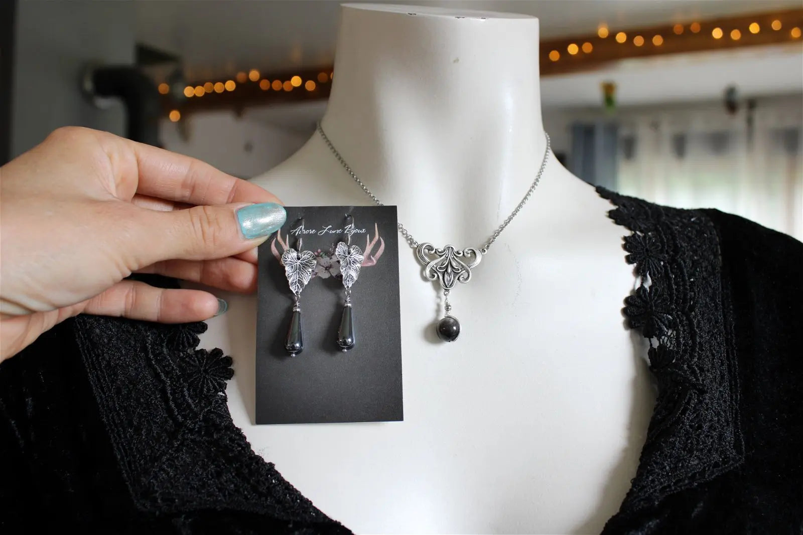 Collier * flambeau * Obsidienne argentée - baroque - boucles d'oreilles en option - Aurore Lune 