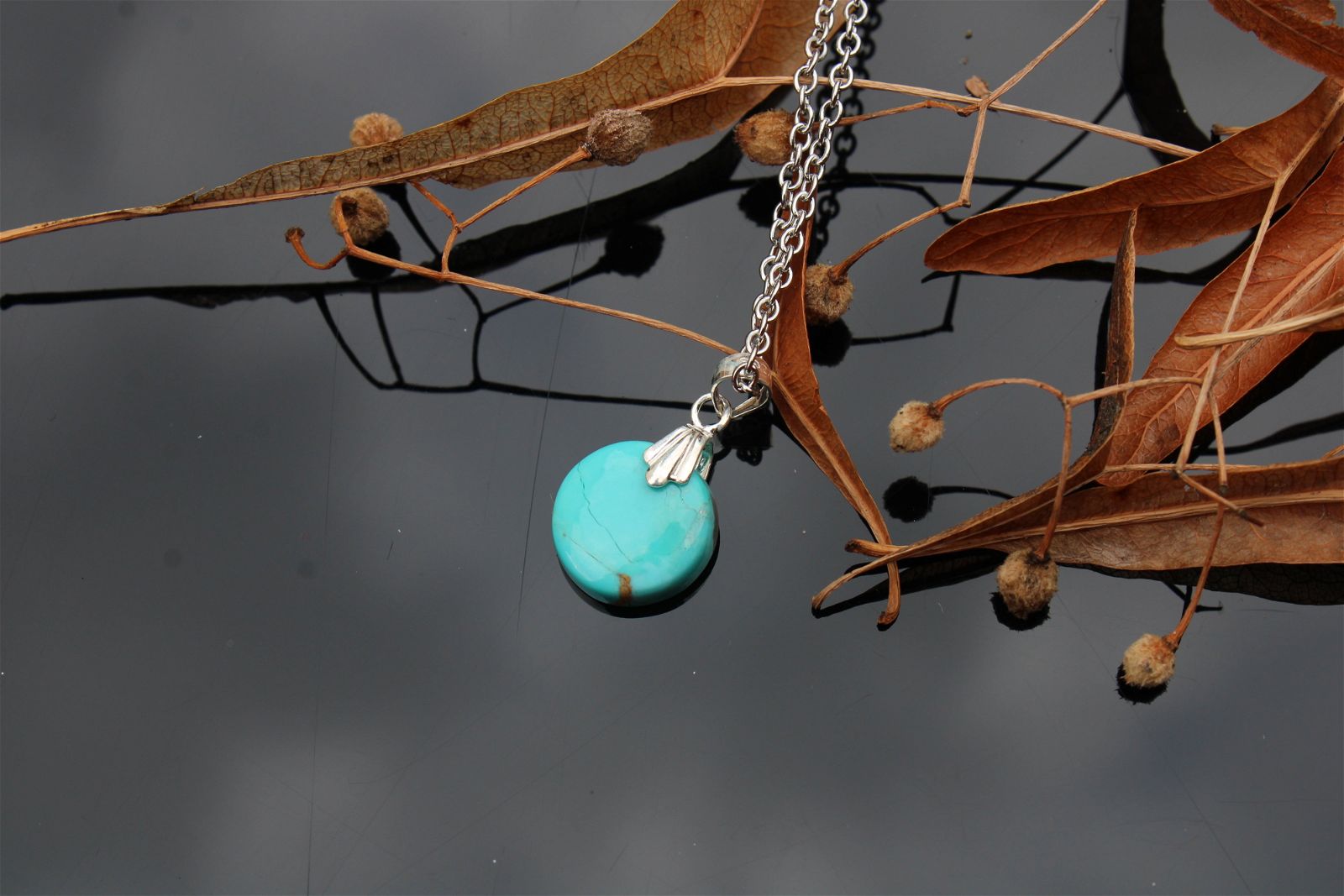 Collier turquoise RECONSTITUEE avec chaîne inox - Aurore Lune 